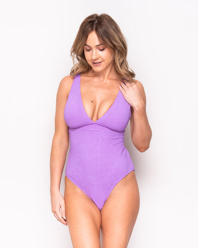 Ivory Rose Fuller Bust Unpadded Scrunch High Apex Swimsuit In Purple DD+