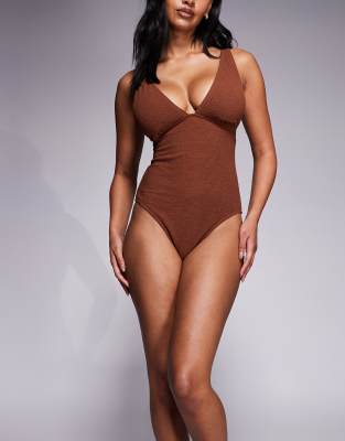 Non-Wired Plunge Swimsuit in Brown – image 3 of 4