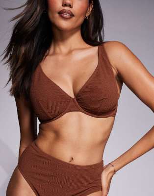 Ivory Rose Lingerie fuller bust unpadded underwired scoop bikini top in scrunch in brown – image 1 of 4