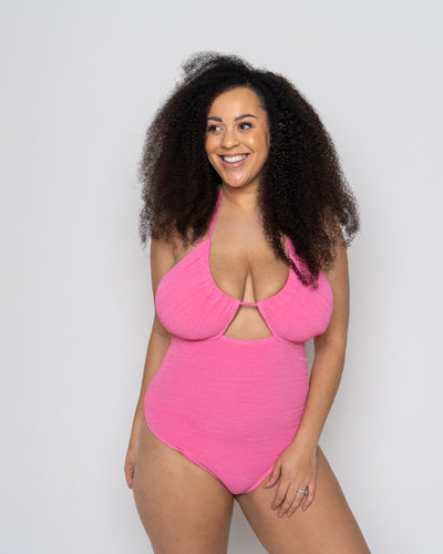 Ivory Rose Bright Pink Scrunch Halter Swimsuit - Chic Style 1