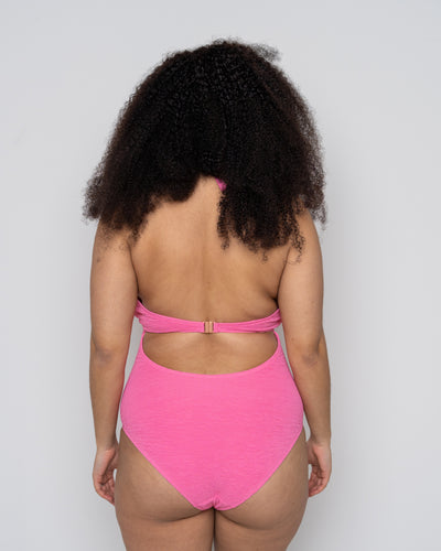 Ivory Rose Scrunch Halter Swimsuit with Upside Down Triangle Top In Bright Pink