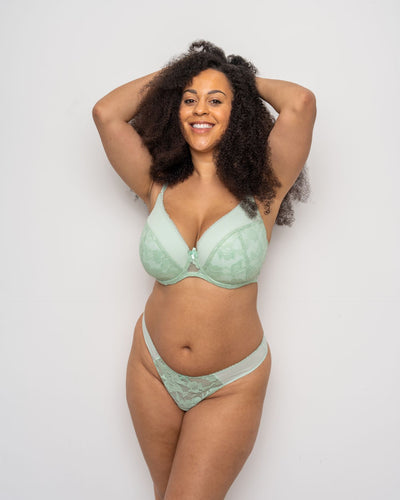 Ivory Rose Lace And Mesh Plunge Bra In Sage Green