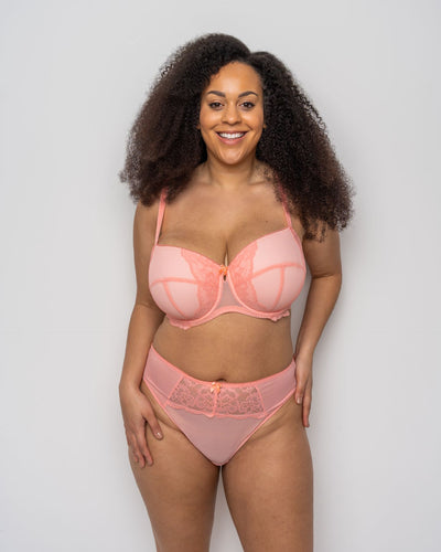 Ivory Rose Lace And Fishnet Balconette Bra In Coral
